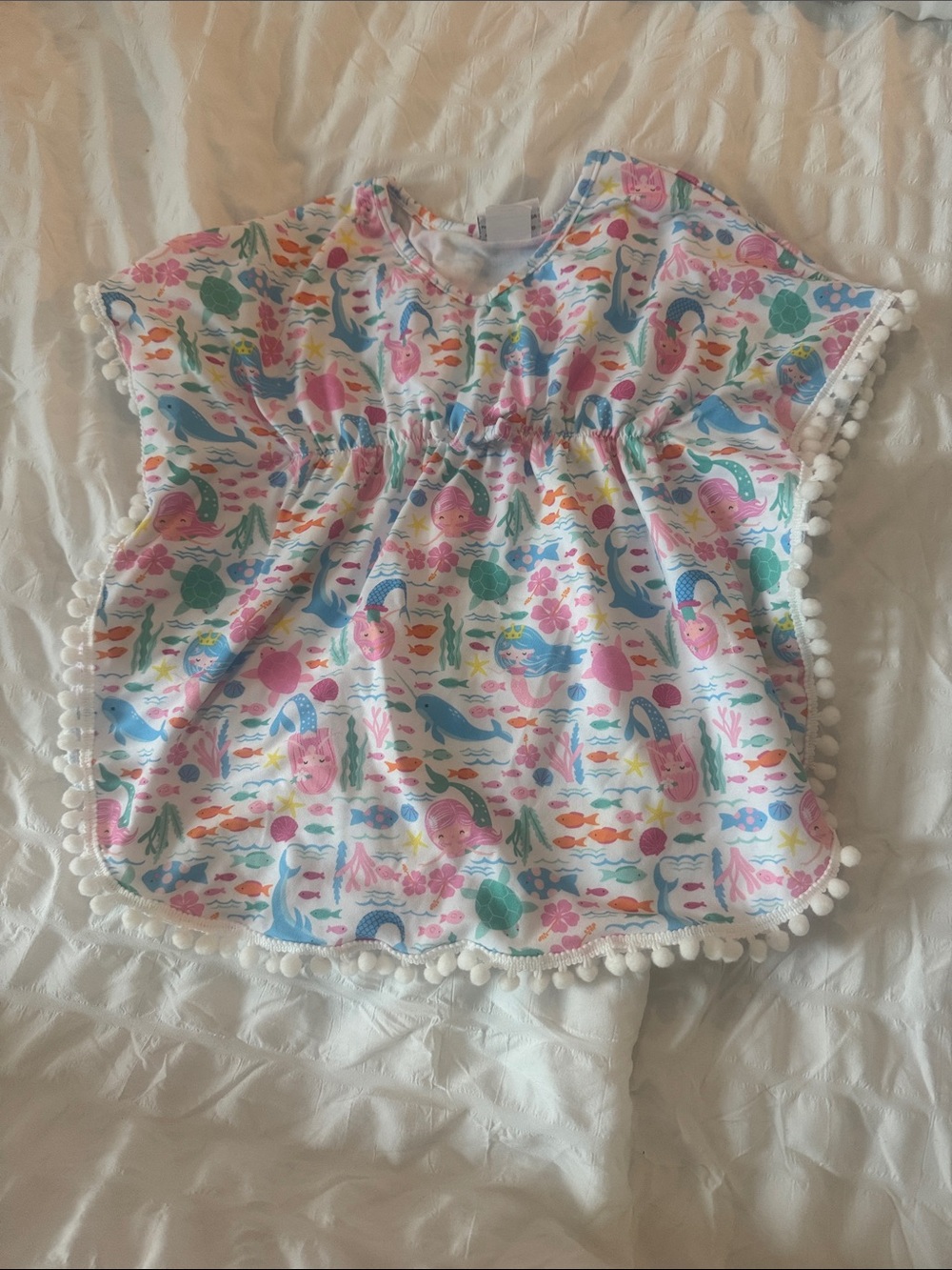 White Mermaid-Print Girls' Pajama Top with Pom Trim